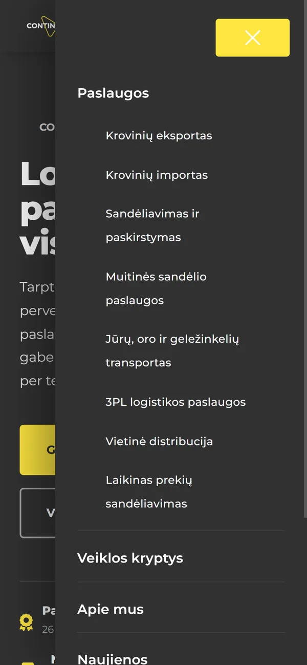 Atidarytas mobilus meniu telefone su paslaugų sąrašu.