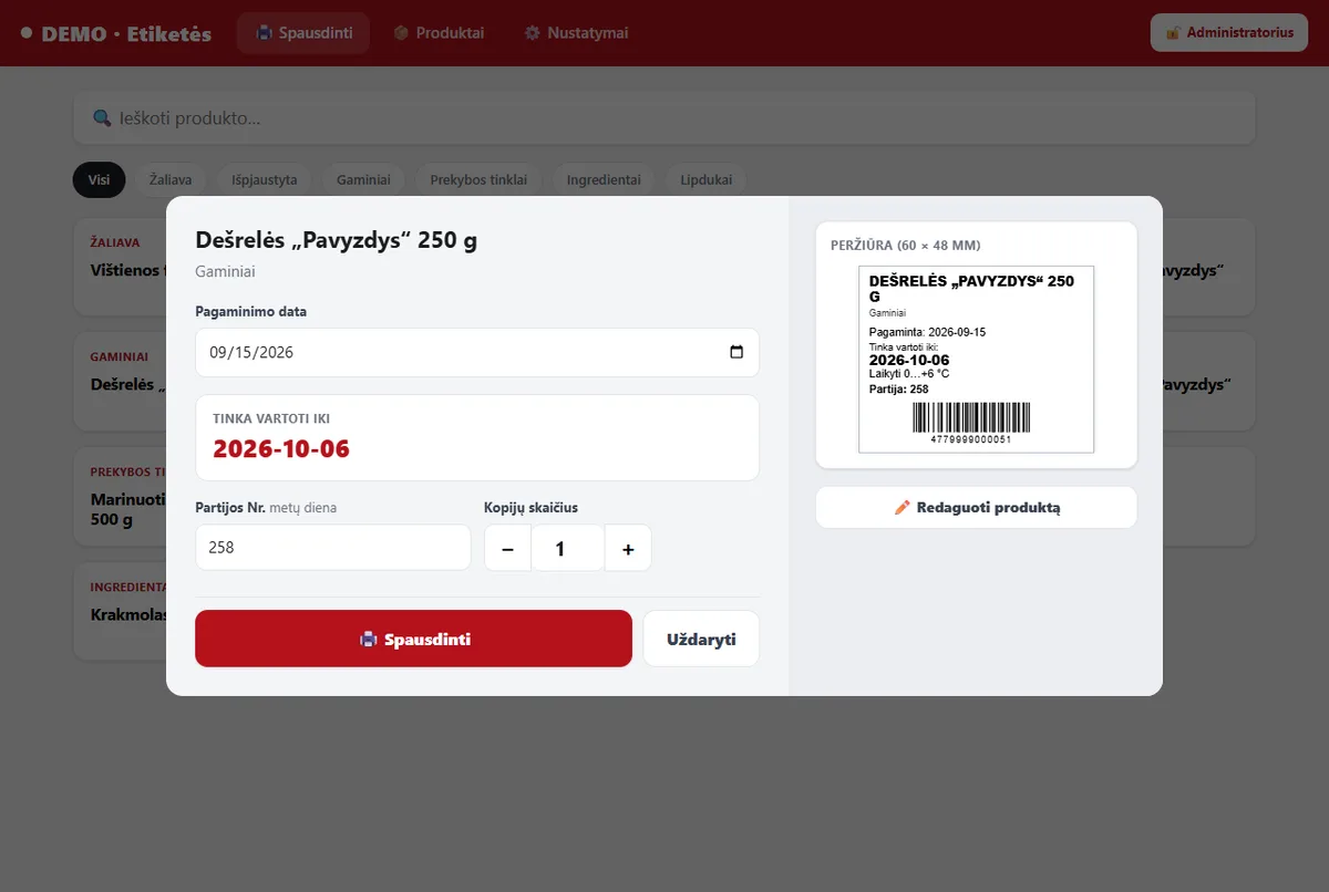 Etiketės peržiūra: pagaminimo data, galiojimo data, laikymo sąlygos, partijos numeris ir brūkšninis kodas.