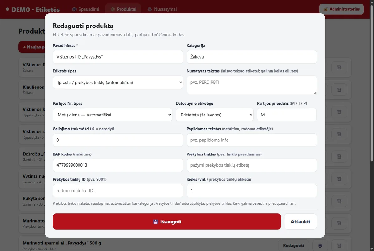 Produkto kortelės redagavimas: partijos numerio tipas, datos žymė, galiojimo trukmė, brūkšninis kodas.