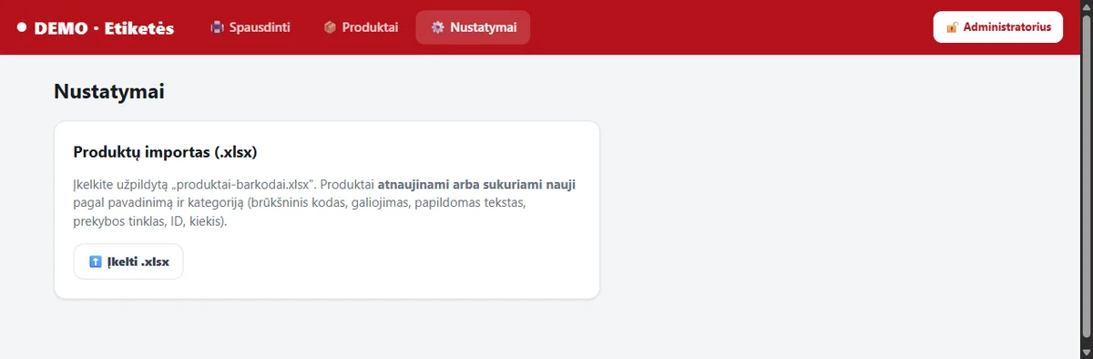 Produktų importo iš Excel failo kortelė nustatymų lange.